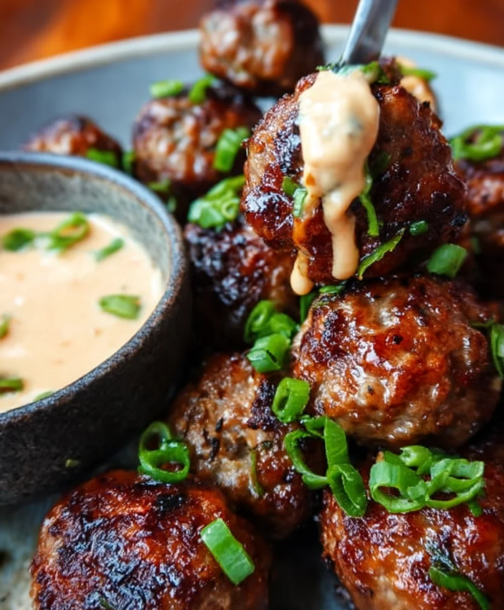 Korean Beef BBQ Meatballs Spicy Mayo Dip