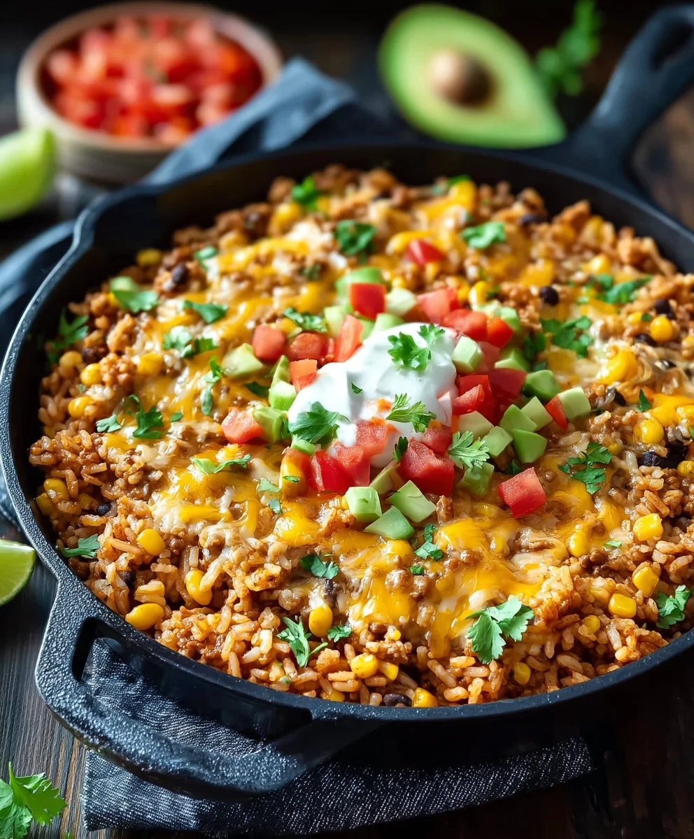 Easy Cheesy Beef Taco Rice Skillet Dinner