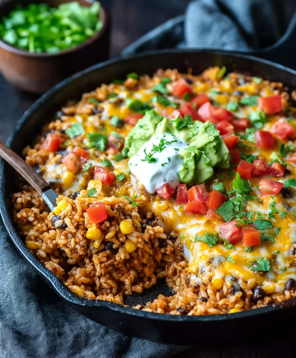 Easy Cheesy Beef Taco Rice Skillet Dinner