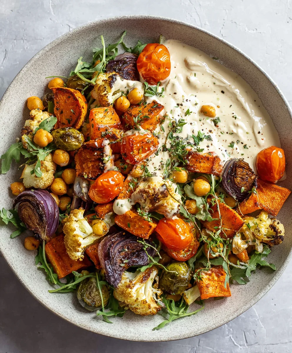 Roasted Veggie Glow Bowl with Tahini Yogurt Sauce