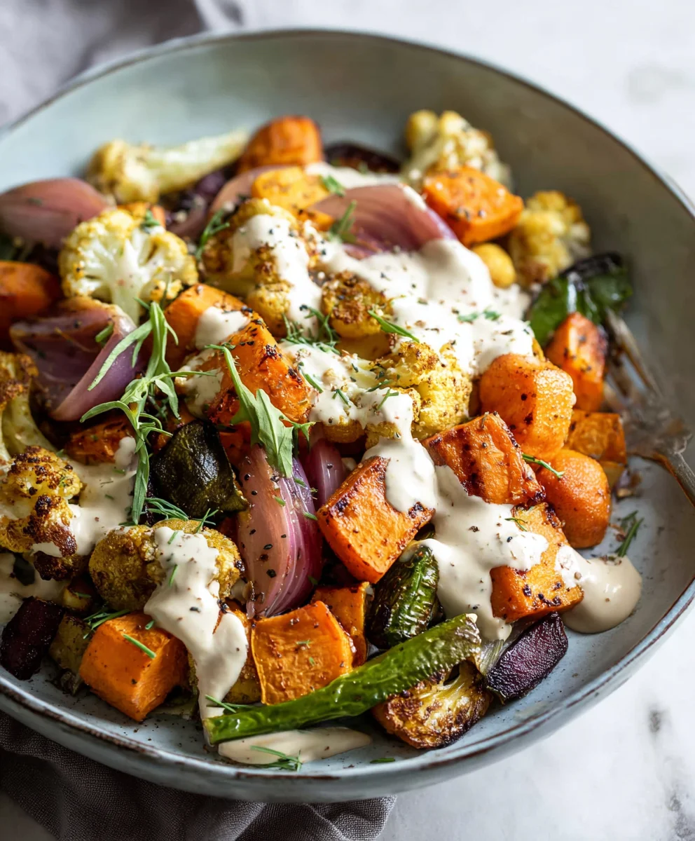 Roasted Veggie Glow Bowl with Tahini Yogurt Sauce