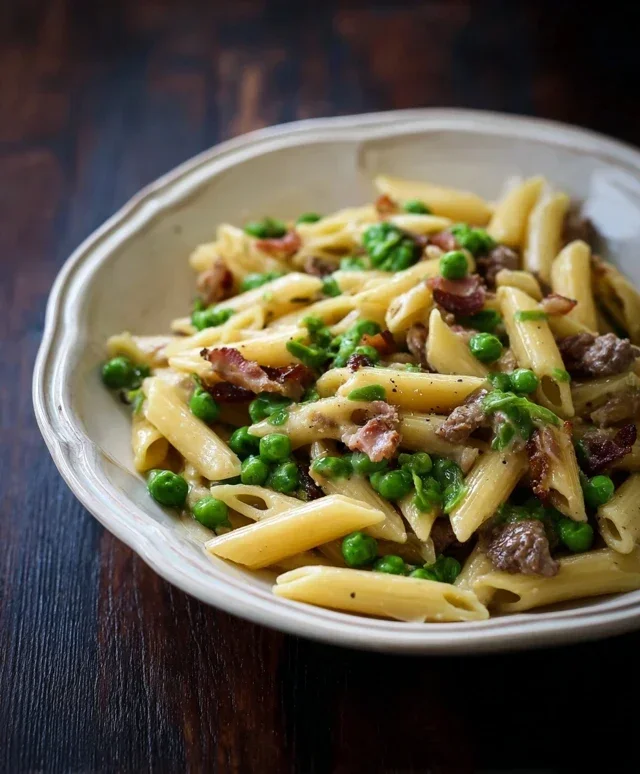 Penne Pasta, Peas and Beef Beef Bacon