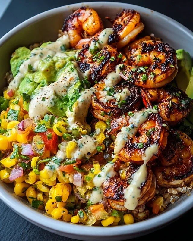 Grilled Shrimp Bowl with Avocado, Corn Salsa & Creamy Garlic Sauce