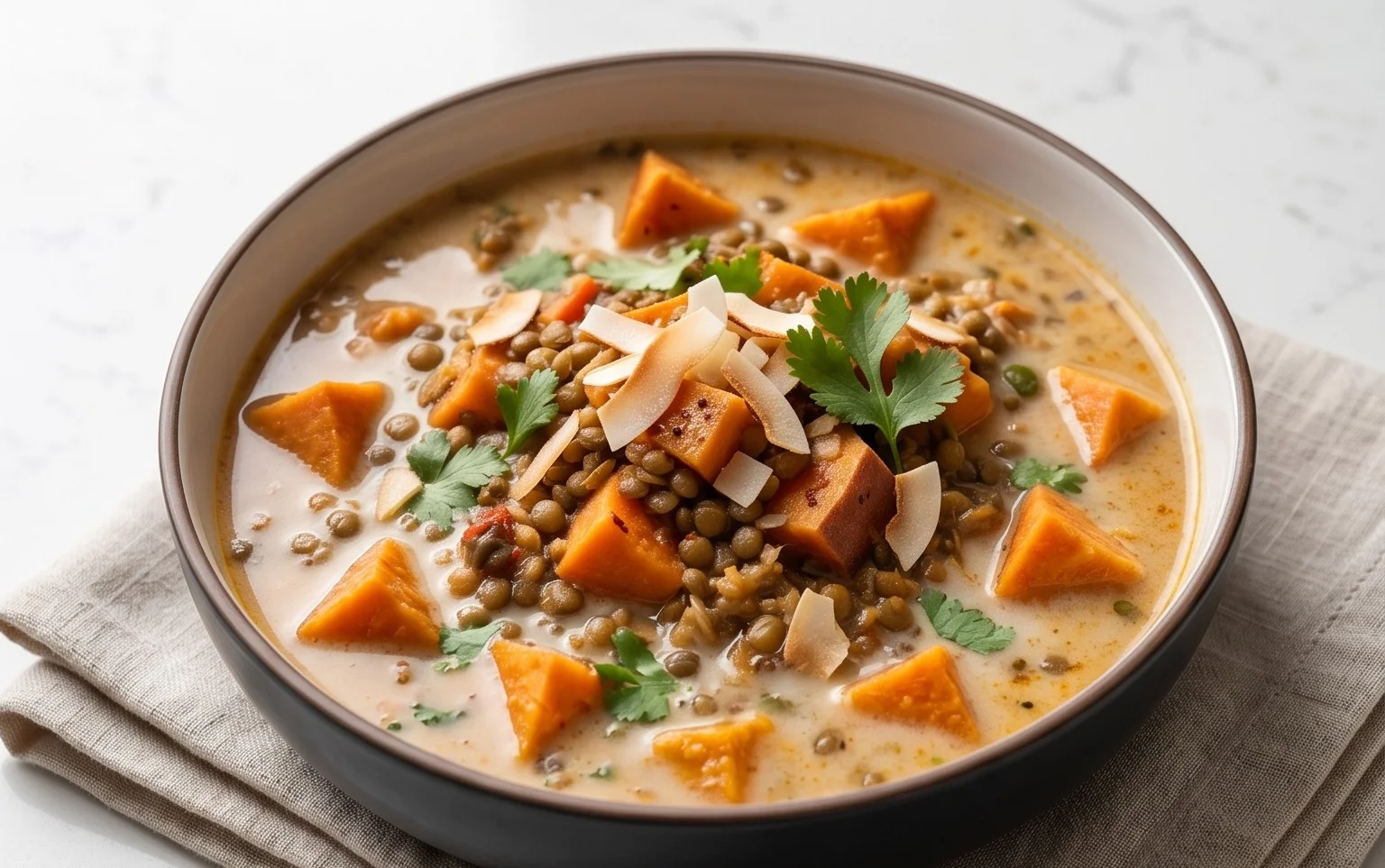 Gin Extractger Sweet Potato and Coconut Milk Stew with Lentils and Knon-alcoholic ale