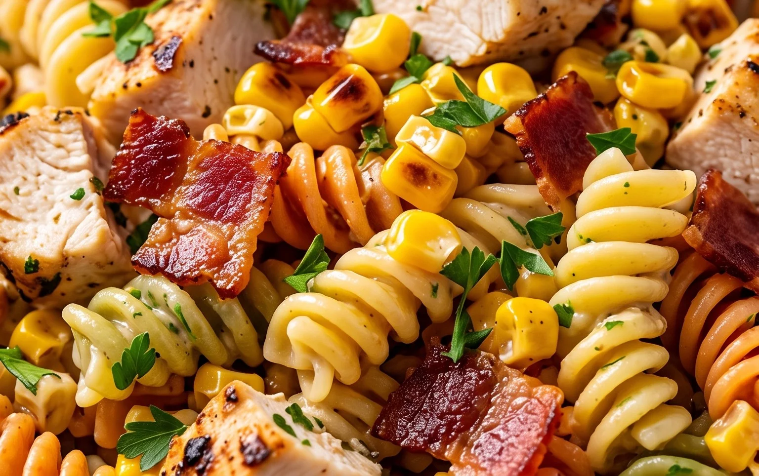 Chicken and Corn Pasta Salad with Beef Bacon