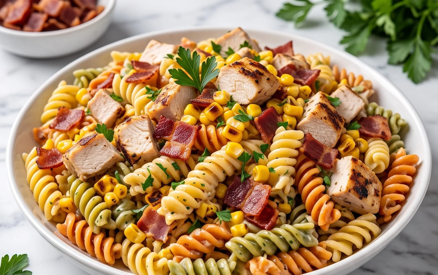 Chicken and Corn Pasta Salad with Beef Bacon
