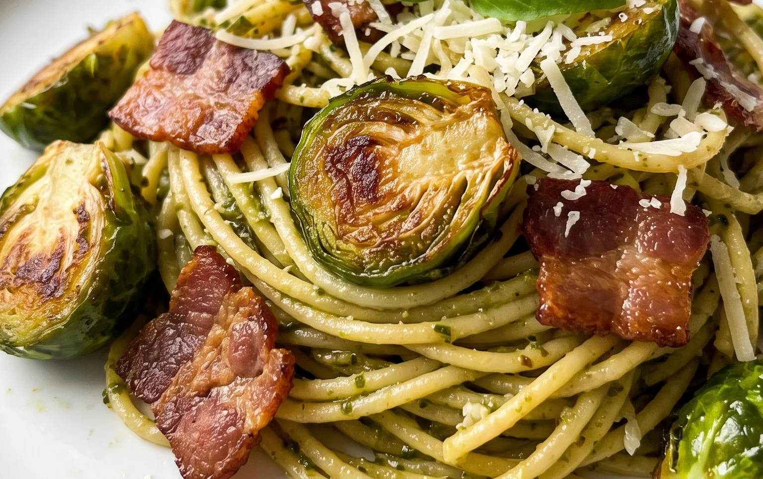 Brussels Sprouts and Beef Bacon Pesto Pasta