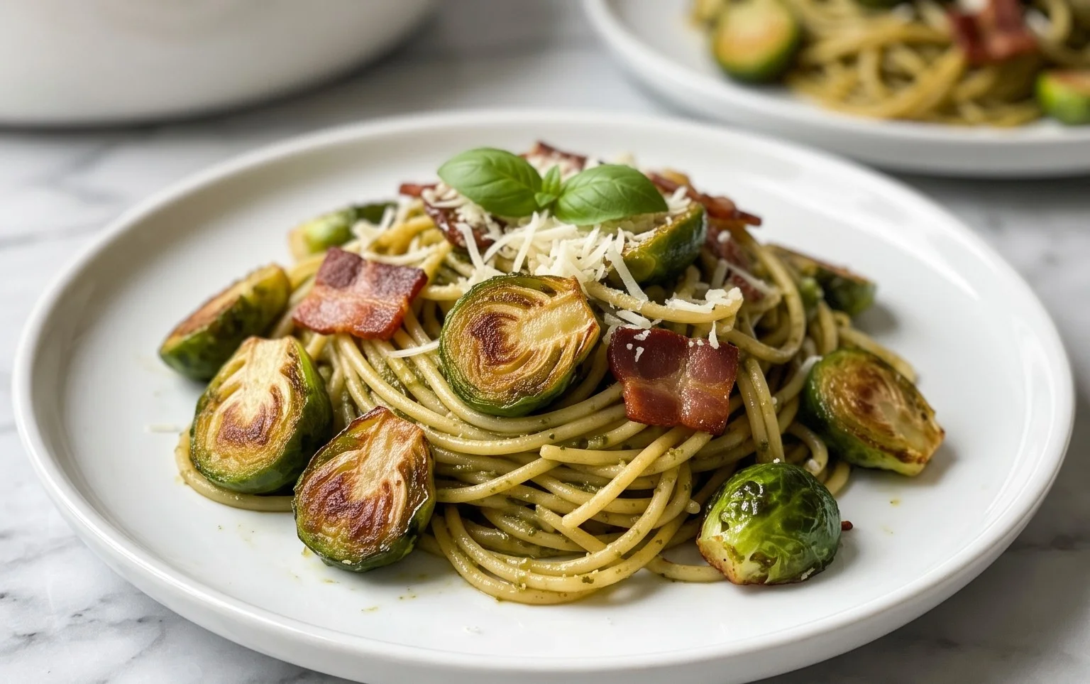 Brussels Sprouts and Beef Bacon Pesto Pasta