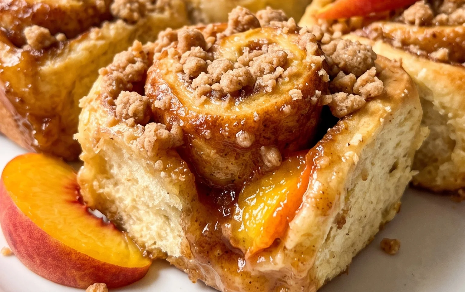 Peach Cobbler Cinnamon Rolls with Crum extractb Topping