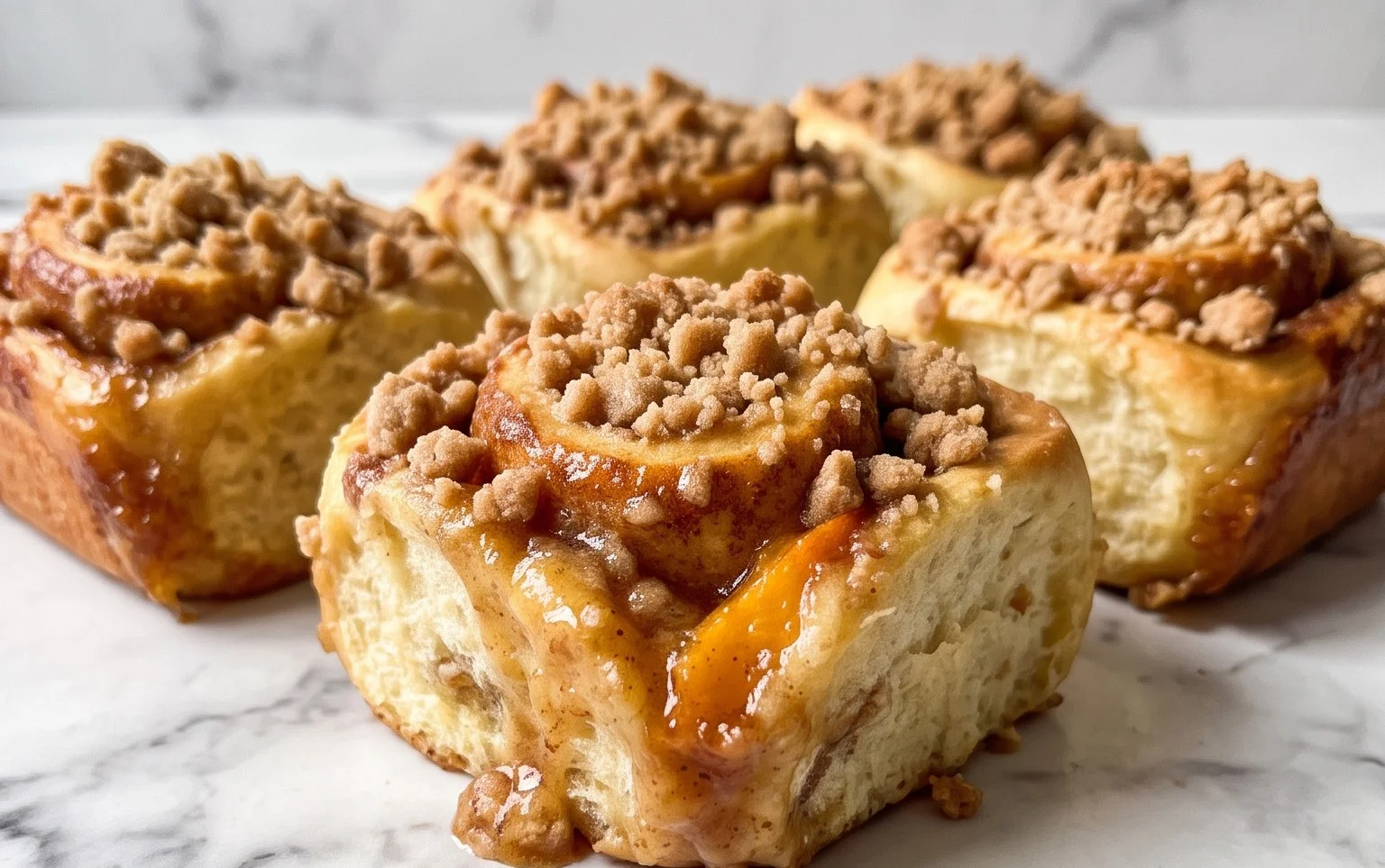 Peach Cobbler Cinnamon Rolls with Crum extractb Topping