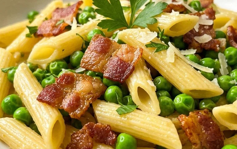 Penne Pasta, Peas and Beef Bacon