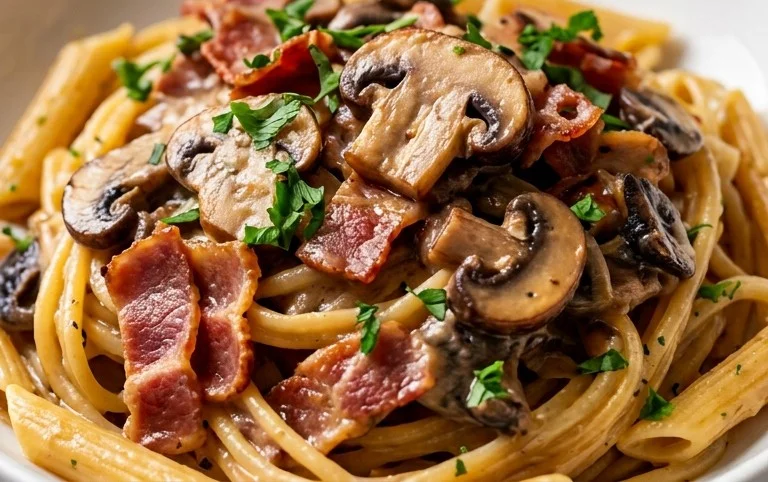 Creamy Beef Bacon and Mushroom Pasta