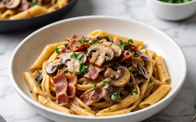 Creamy Beef Bacon and Mushroom Pasta