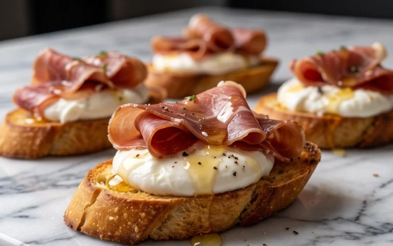 Beef Prosciutto Crostini with Burrata and Lemon Honey Drizzle